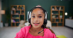 Portrait, child or headset in home with elearning for virtual classroom, knowledge or skill development. Girl, cyber school and audio tech for remote lesson, academic growth and online education POV.