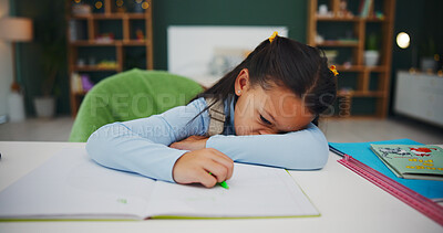 Buy stock photo Tired, rest and child in bedroom with homework, fatigue or sleeping during problem solving at home. Burnout, learner and girl in house with notebook, nap and exhausted in homeschool assignment.