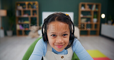 Buy stock photo Headset, elearning and portrait of child in home for study, internet tutorial or virtual lesson. Face, remote education and girl with mic for homeschool, course or student in online class with POV