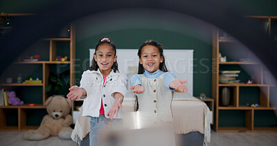 Buy stock photo Girl, friends and live streaming with ring light for vlog, online recording or dance trend in home. Children, kids or junior content creators with smile, video or POV for social media or tutorial