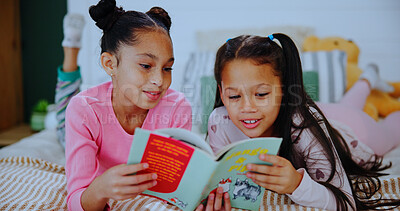 Buy stock photo Children, relax and reading book on bed with love, care and learning for bonding in home. Family, kids or siblings with fairytale for storytelling, teaching literacy or fantasy for support in bedroom