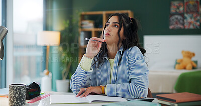 Buy stock photo Home, thinking and woman with ideas, student and planning for assignment, school project and solution. Phd research, university and person with contemplation, problem solving and learning with memory