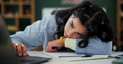 Buy stock photo University student, girl or tired with laptop in home for essay research, study fatigue or overworked. Sleepy, gen z person or bored with tech for exam revision, academic workload or semester burnout