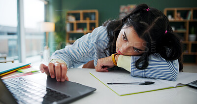 Buy stock photo College student, girl and tired with laptop in home for exam revision, study fatigue or overworked. Brain fog, gen z person and bored with tech for academic workload, semester burnout and education