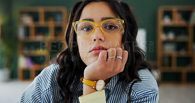 Buy stock photo Home, thinking and woman with portrait, college student or planning for assignment. School project, university or person with glasses, problem solving or phd research with solution, ideas or learning