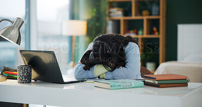 Buy stock photo College student, girl or laptop with sleeping in home for study fatigue, academic workload or rest. Books, gen z person or tech with nap for assignment break, semester burnout or overworked on essay