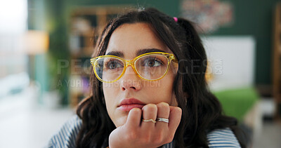 Buy stock photo House, thinking and woman with glasses, college student and solution for assignment. Eyewear, university and person with contemplation, problem solving and phd research with decision, ideas or choice