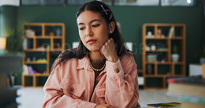 Buy stock photo Planning, thinking and woman with ideas, college student and contemplation for assignment. Home, university and person with decision, problem solving and phd research with choice, creative and memory