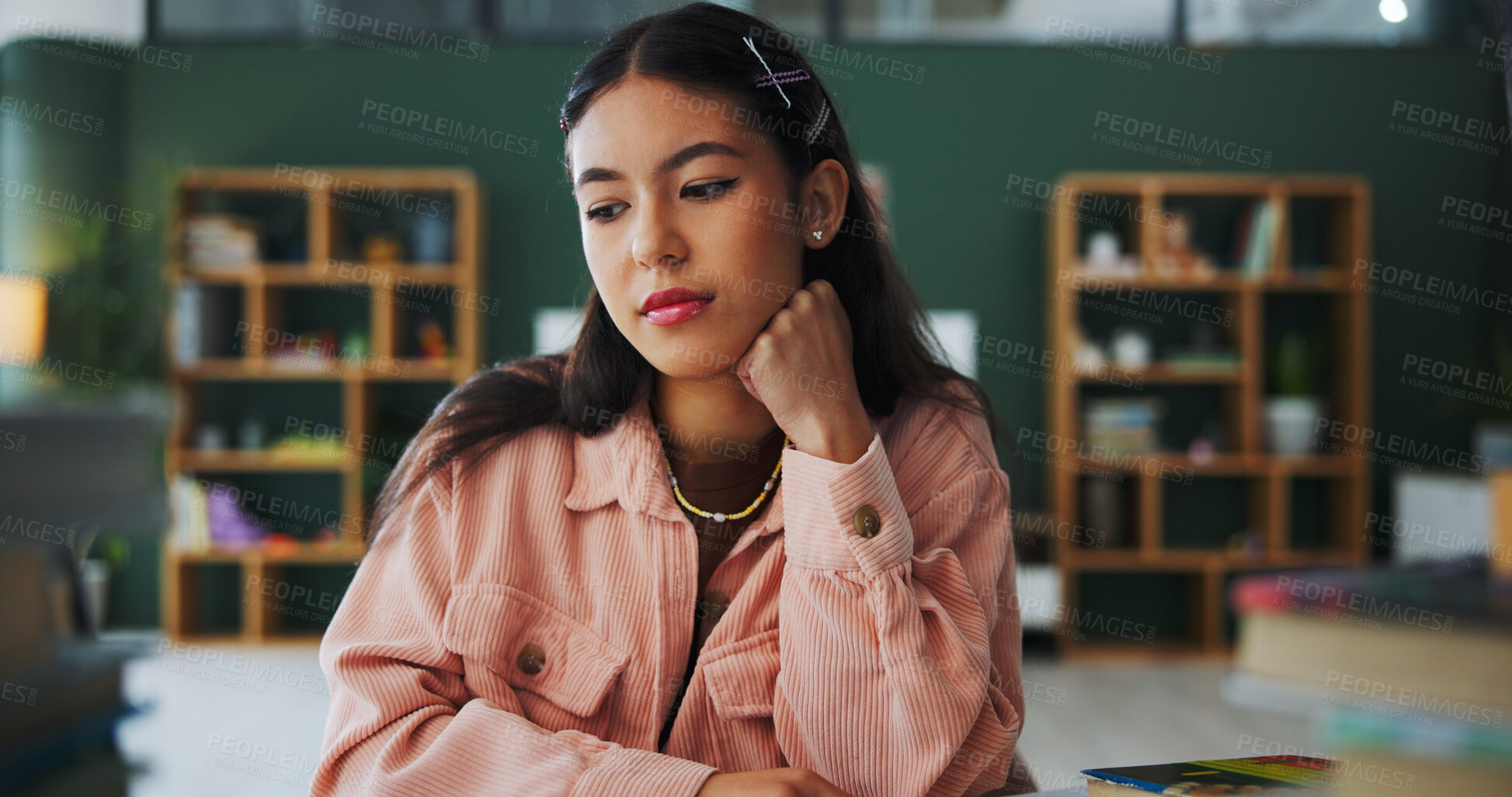 Buy stock photo Planning, thinking and woman with ideas, college student and contemplation for assignment. Home, university and person with decision, problem solving and phd research with choice, creative and memory