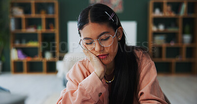 Buy stock photo Tired, woman and student sleep at house from studying, learning fatigue and exhausted. Bored, female person and nap from education pressure, university workload and overworked learner from assignment