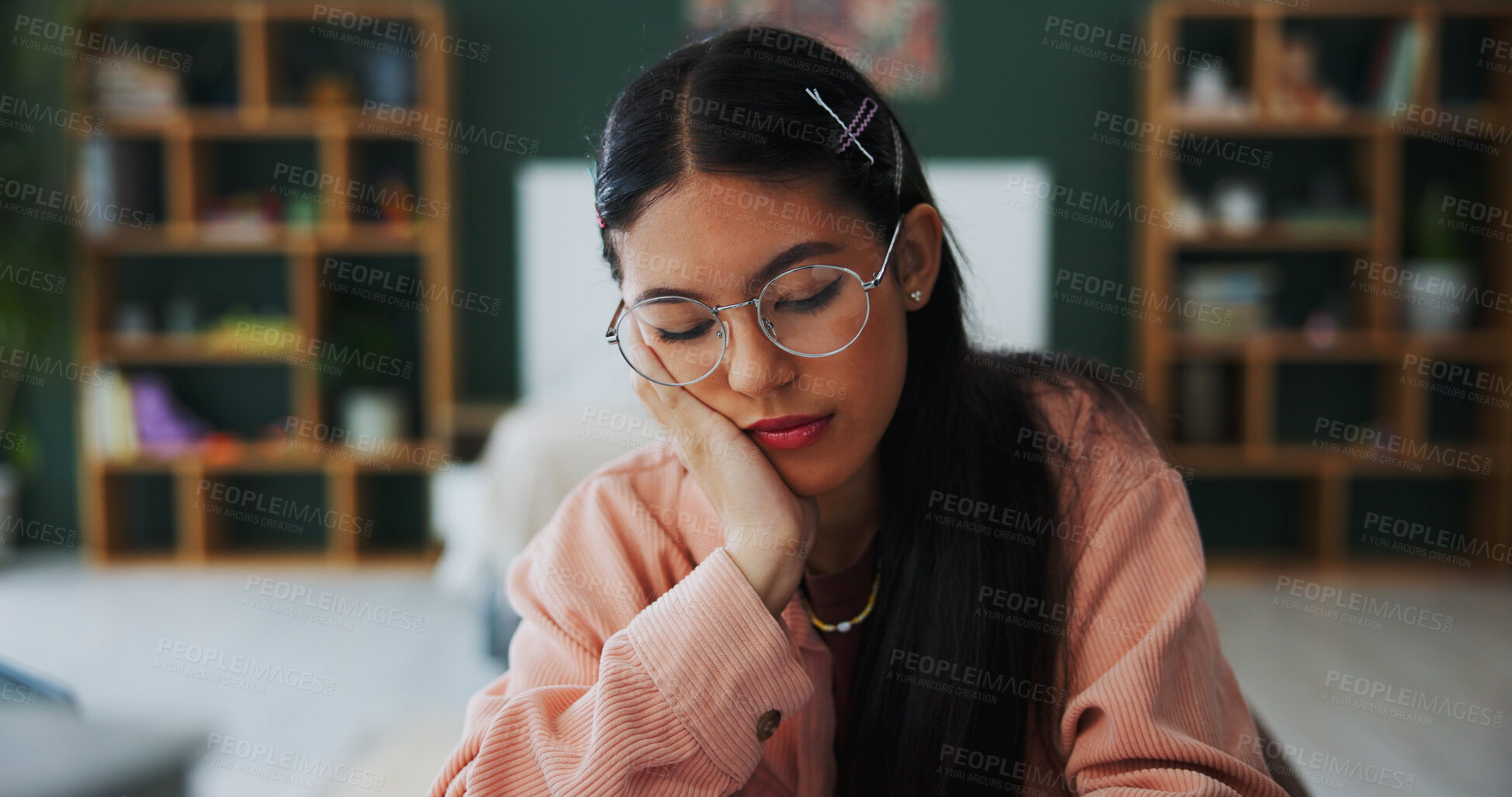 Buy stock photo Tired, woman and student sleep at house from studying, learning fatigue and exhausted. Bored, female person and nap from education pressure, university workload and overworked learner from assignment