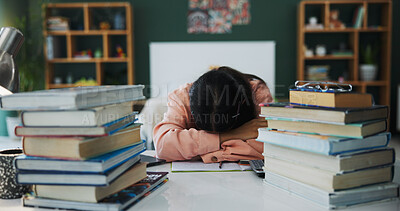 Buy stock photo College student, books or girl with sleeping in home for learning break, study fatigue or overworked. Low energy, person and resting at desk for exam revision, academic workload and semester burnout