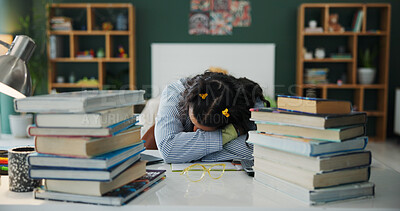 Buy stock photo University student, books and girl with sleeping in home for learning break, study fatigue or nap. Tired, gen z person and rest at desk for exam revision, academic workload or overwhelmed by pressure