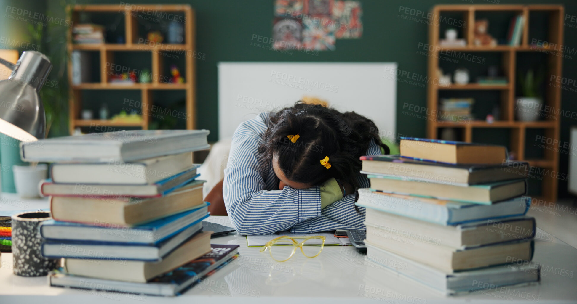 Buy stock photo University student, books and girl with sleeping in home for learning break, study fatigue or nap. Tired, gen z person and rest at desk for exam revision, academic workload or overwhelmed by pressure