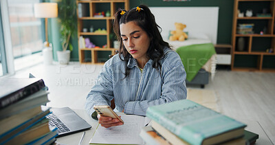 Buy stock photo Bored, student and phone with woman in home for college admission, failed test results and research. Online assessment score and university rejection with person in bedroom of house for study burnout