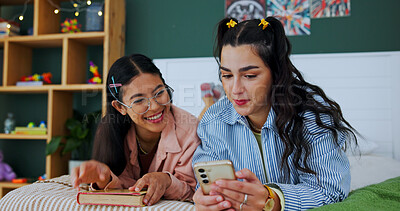 Buy stock photo Friends, women or reading phone in bedroom for bonding, show social media post or online viral trend. Relax, connection or people in home with mobile for browsing, internet blog or gen z at sleepover