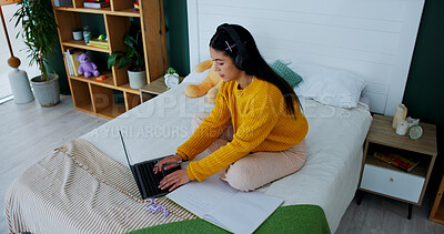 Buy stock photo Above, headphones or woman in bedroom with laptop, educational podcast and research for report. Digital, music streaming and student in house with tech, study playlist and e learning for online exam.