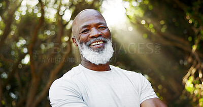 Buy stock photo Smile, fitness and portrait of black man in nature for runner, confidence and health. Retirement, exercise pride and wellness with senior person outdoor for mobility training, sport and hobby