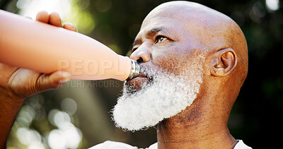 Buy stock photo Fitness, drink water and senior black man with health, wellness or nutrition on break. Hydration, thirsty runner and person with bottle for electrolytes, exercise recovery or detox with bokeh outdoor