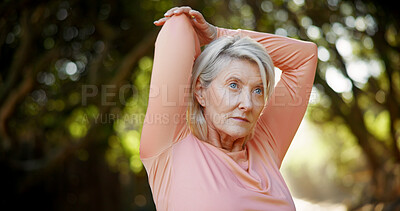 Buy stock photo Outdoor, senior woman and arm stretching for workout preparation, body care and getting ready. Retirement fitness, wellness and mature runner in park with warm up exercise, mobility activity or bokeh