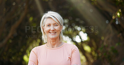 Buy stock photo Smile, fitness and portrait of old woman in nature for runner, confidence and health. Retirement, exercise pride and wellness with senior person outdoor for mobility training, happy and hobby