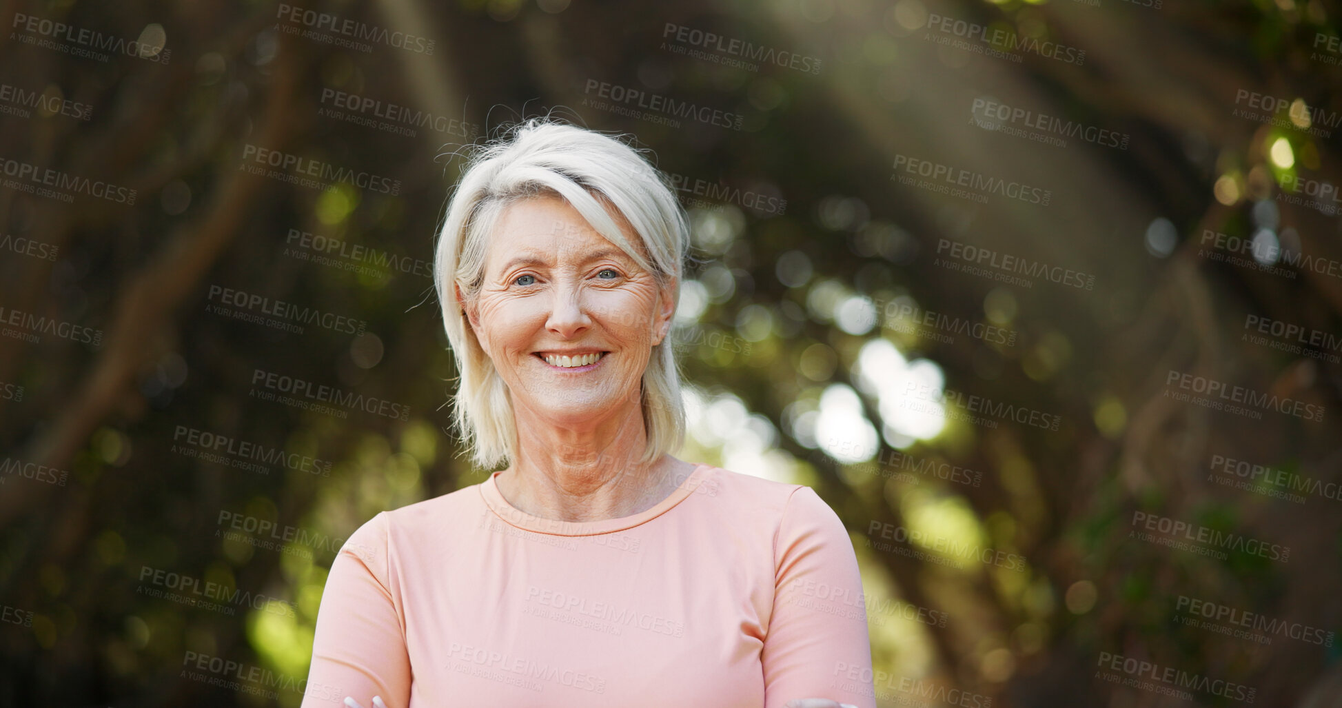 Buy stock photo Smile, fitness and portrait of old woman in nature for runner, confidence and health. Retirement, exercise pride and wellness with senior person outdoor for mobility training, happy and hobby