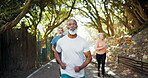 Running, fitness and team with old man in nature for runner, workout partner and health. Retirement, exercise and wellness with senior people outdoor for training group, athlete and cardio routine