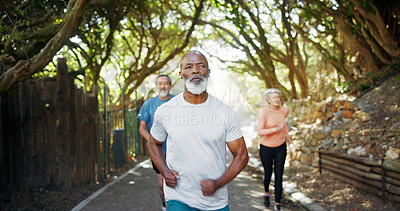 Buy stock photo Running, fitness and race with old man in nature for runner, workout club and health. Retirement, exercise and wellness with senior people outdoor for training group, hobby and cardio routine