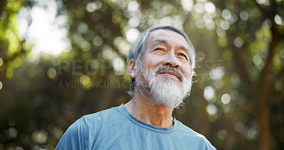 Buy stock photo Smile, fitness and thinking with Asian man in nature for runner, confidence and health. Retirement, exercise pride and wellness with senior person for mobility training, low angle and reflection