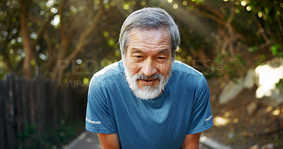 Buy stock photo Tired, runner and senior asian man in nature for workout fatigue, health and intense cardio. Wellness, retirement and fitness with elderly person outdoor for exercise burnout, resting and breathing