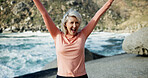 Success, fitness and portrait of old woman at beach for runner, winner and health. Retirement, exercise pride and wellness with senior person outdoor for mobility training, athlete and freedom
