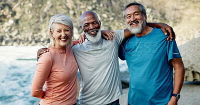 Buy stock photo Team, fitness and portrait of old people in nature for runner, support and health partner. Retirement, exercise pride and wellness with senior friends outdoor for mobility training, happy and hug