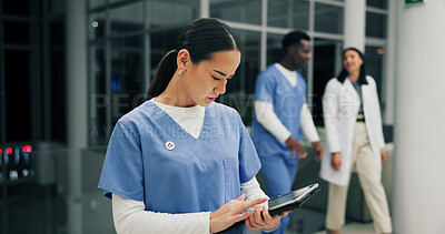 Buy stock photo Nurse, tablet and woman in hospital for healthcare research,  report or schedule in clinic at night. Technology, medical worker and person with online consultation, check email or results on overtime