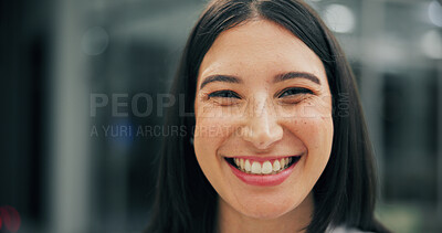 Buy stock photo Dental, portrait and woman in clinic with smile, mouth and tooth wellness in orthodontics. Bokeh, happiness and female person in hospital with hygiene, whitening and dentistry in oral health.