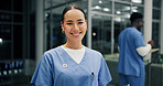 Medical, portrait or woman in hospital at night, confidence or career pride in healthcare. About us, coworking or nurse in clinic with smile, wellness experience or general practitioner in overtime.