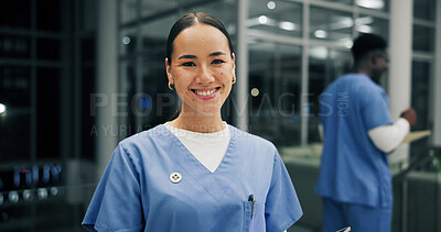 Buy stock photo Medical, portrait or woman in hospital at night, confidence or career pride in healthcare. About us, coworking or nurse in clinic with smile, wellness experience or general practitioner in overtime.
