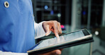 Nurse, tablet and hands in clinic for healthcare research,  report or schedule at night. Technology, medical worker and person with online results, check email and bokeh on overtime in hospital