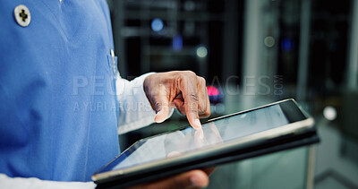 Buy stock photo Nurse, tablet and hands in clinic for healthcare research,  report or schedule at night. Technology, medical worker and person with online results, check email and bokeh on overtime in hospital
