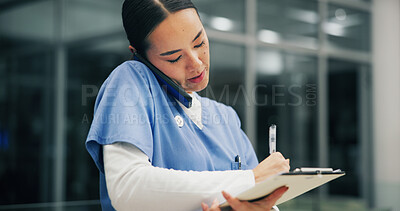 Buy stock photo Night, phone call and woman in hospital, writing and schedule with emergency room. Evening, medical service and person in clinic, cellphone and contact with documents, late shift and healthcare