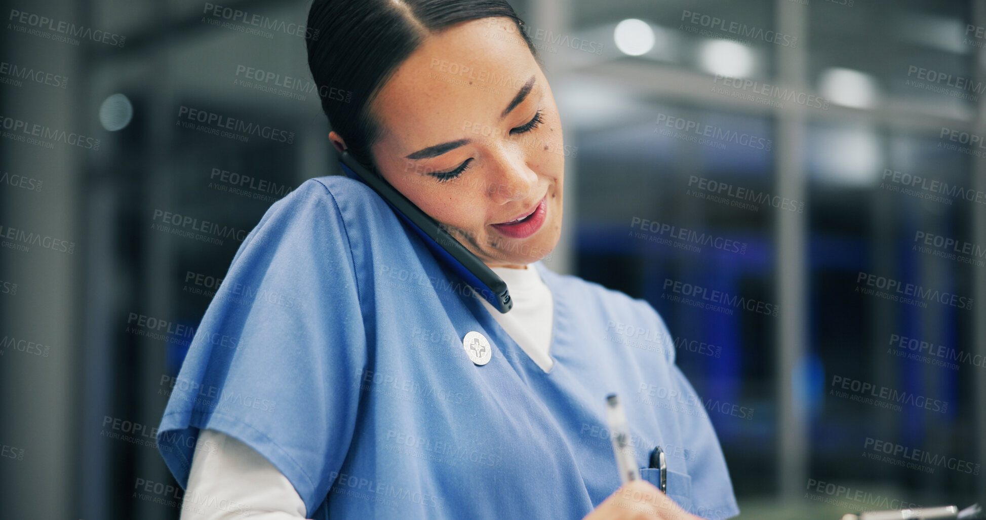 Buy stock photo Phone call, writing and nurse or woman in hospital for ward clerk, icu emergency and medical records at night. Healthcare administration, surgery schedule and contact with person for overtime