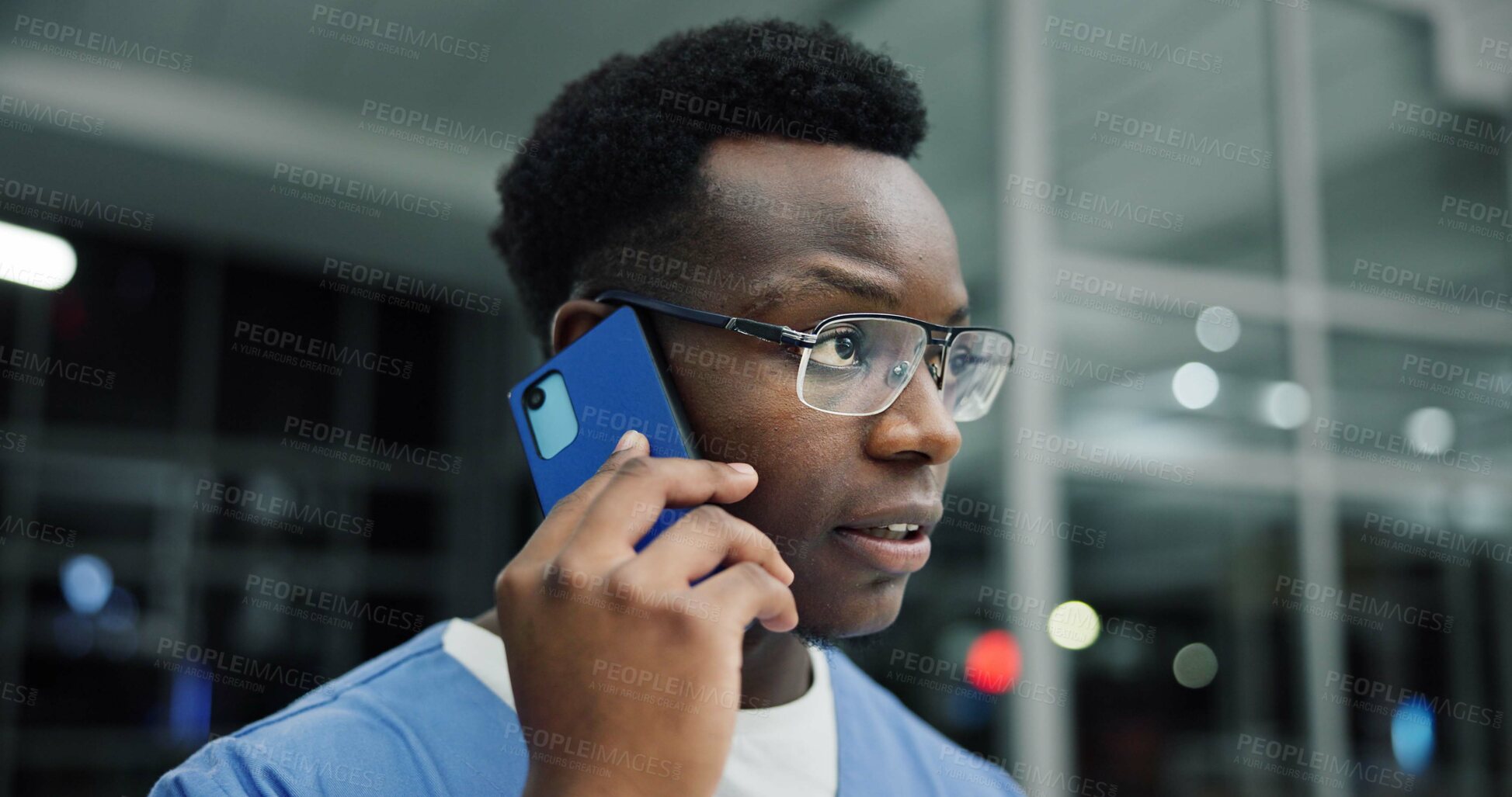 Buy stock photo Night, phone call and black man in hospital, conversation and schedule with emergency room. Evening, medical service or African person in clinic, cellphone or contact with late shift, bokeh or health