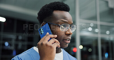 Buy stock photo Night, phone call and black man in hospital, conversation and schedule with emergency room. Evening, medical service or African person in clinic, cellphone or contact with late shift, bokeh or health