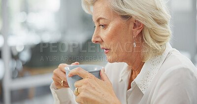 Buy stock photo Media agency, thinking and woman in office, coffee and decision for submission. Mature person, creative and journalist with espresso, contemplation and caffeine with choice, problem solving and ideas
