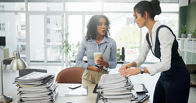 Buy stock photo Women, stress and overwhelmed with stack, documents and surprise with overtime at finance company. People, shock and crisis with admin, paperwork and workload increase for team at insurance agency