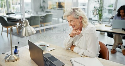 Buy stock photo Laptop, reading or happy woman at desk for planning, calendar review or brand awareness strategy. Promotion proposal, marketing director or mature person with pc in  agency, check schedule or agenda