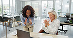 Women, team and applause with laptop at office, smile or excited with notification for profit at company. People, celebration and happy with computer, goals and success at asset management agency