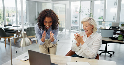 Buy stock photo Women, team and applause with laptop at office, smile or excited with notification for profit at company. People, celebration and happy with computer, goals and success at asset management agency