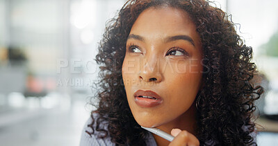 Buy stock photo Thinking, woman and writer in office with pen for journalism, news report and story idea planning. Creative, person and journalist in workplace with article insight, blog reflection or contemplation.
