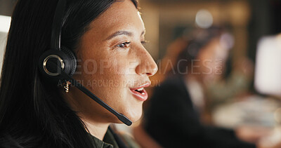 Buy stock photo Business woman, agent and night with headset for online advice or customer service in office. Female person, consultant or working late with mic for virtual assistance, support or help in workplace