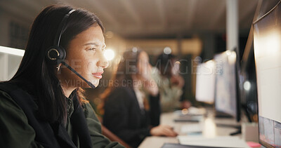 Buy stock photo Woman, call center and confused with headset at night for customer service or consulting at office. Female person, employee or agent for error communication, reading and frustrated with overtime